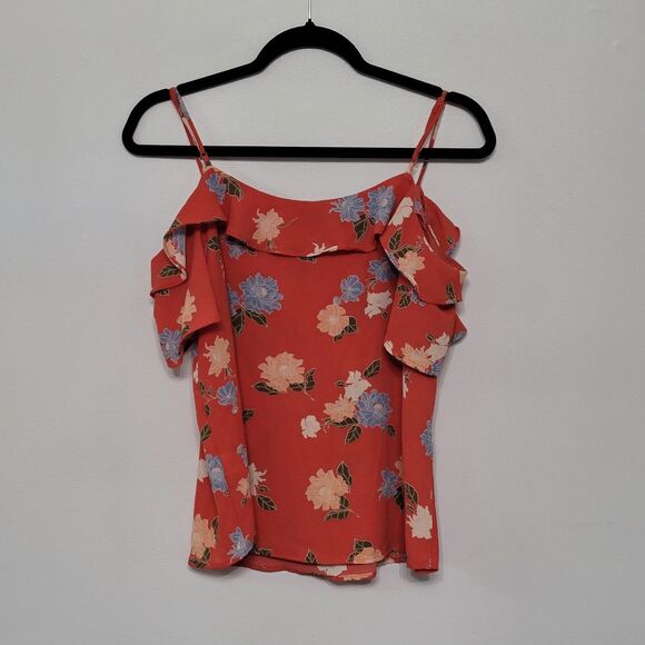 Monteau Coral Floral Cold Shoulder Ruffle Blouse Medium Button Front Top - Picture 3 of 5